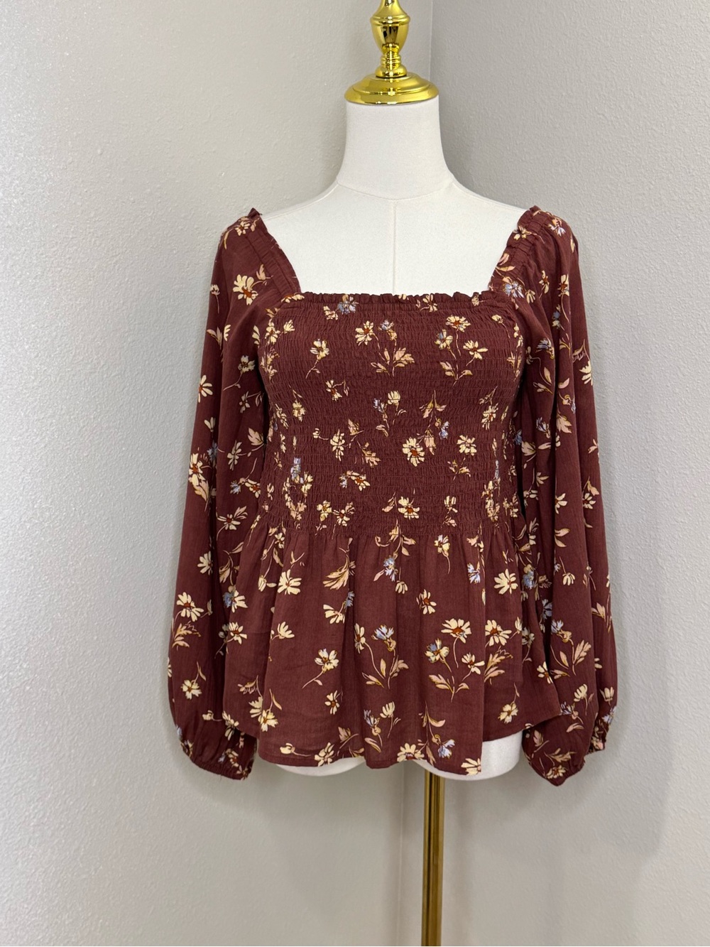 Madewell Floral Smocked Square Neck Blouse Size 6 Brown Long Sleeve NWT